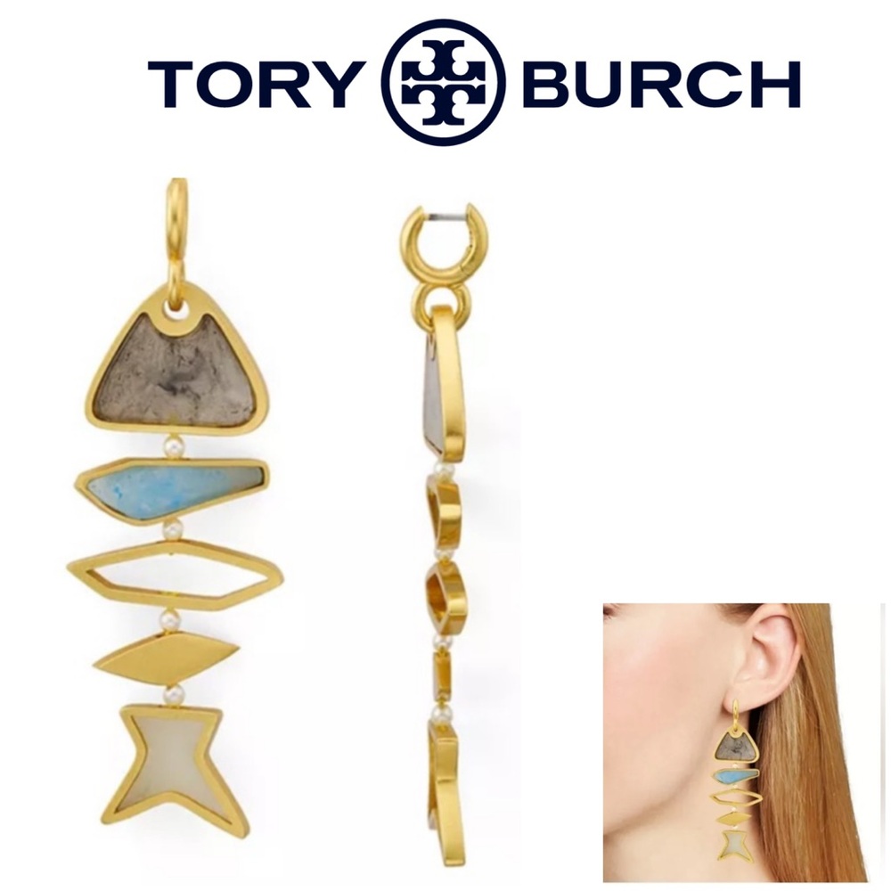 Tory Burch Gold Drop Earrings with Gray, Blue and Cream Inlays